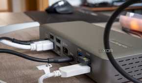 Angled rear view of the StarTech Thunderbolt 4 Multi-Display Docking Station with multiple