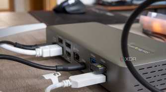 Angled rear view of the StarTech Thunderbolt 4 Multi-Display Docking Station with multiple