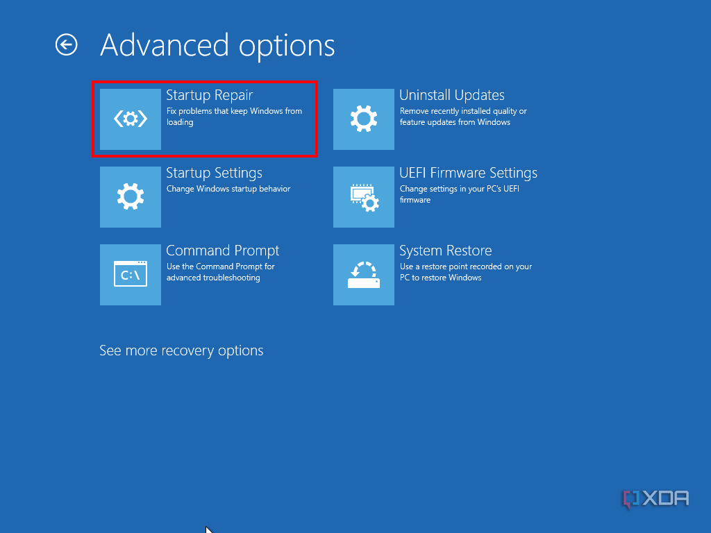 Screenshot of Windows Recovery advanced options with Startup repair highlighted