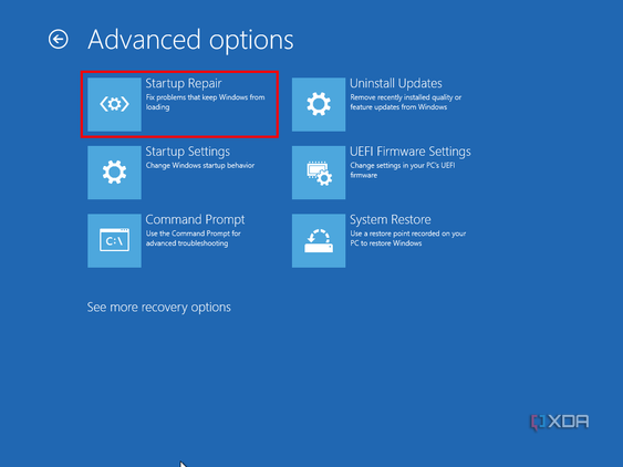 Screenshot of Windows Recovery advanced options with Startup repair highlighted