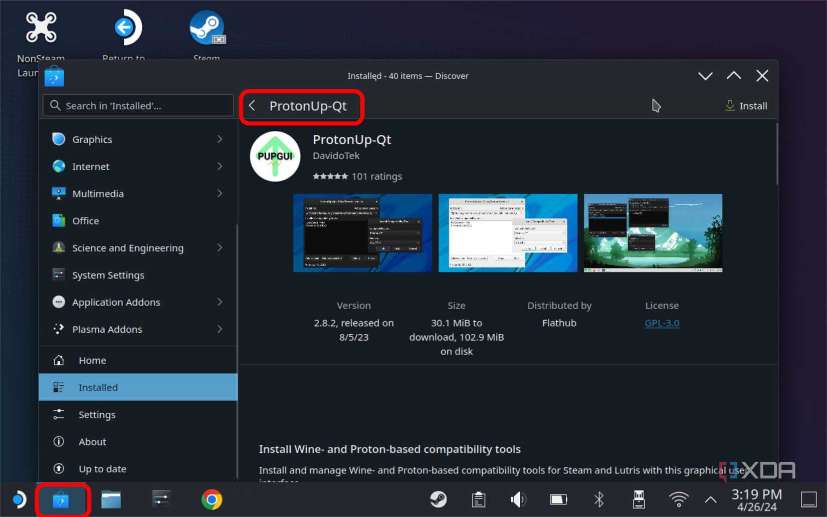 screenshot of the steam deck desktop mode showing the discover app and protonup-qt program
