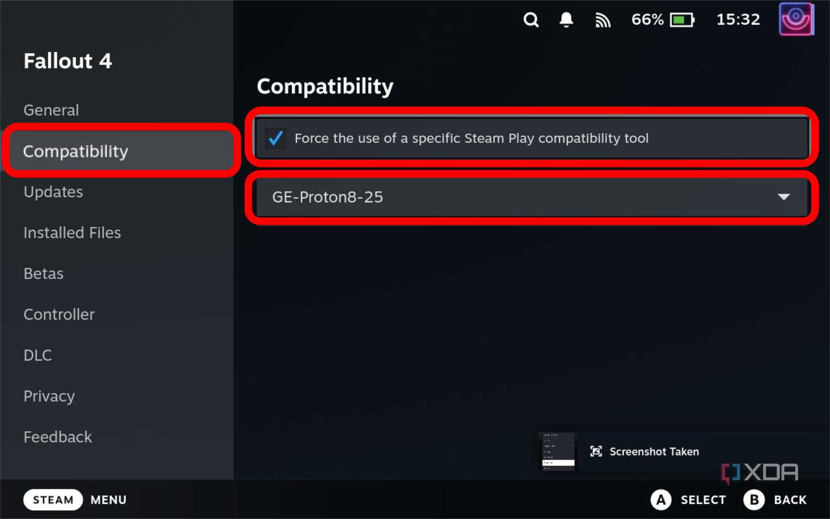 screenshot of the properties menu for fallout 4 on the steam deck highlighting the compatibility menu