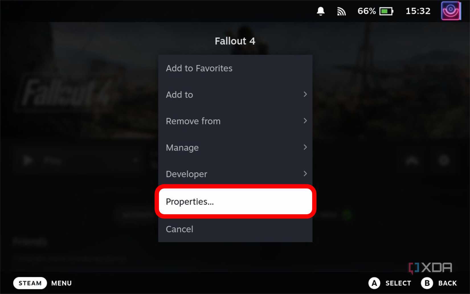 screenshot of the steam deck showing the game options menu