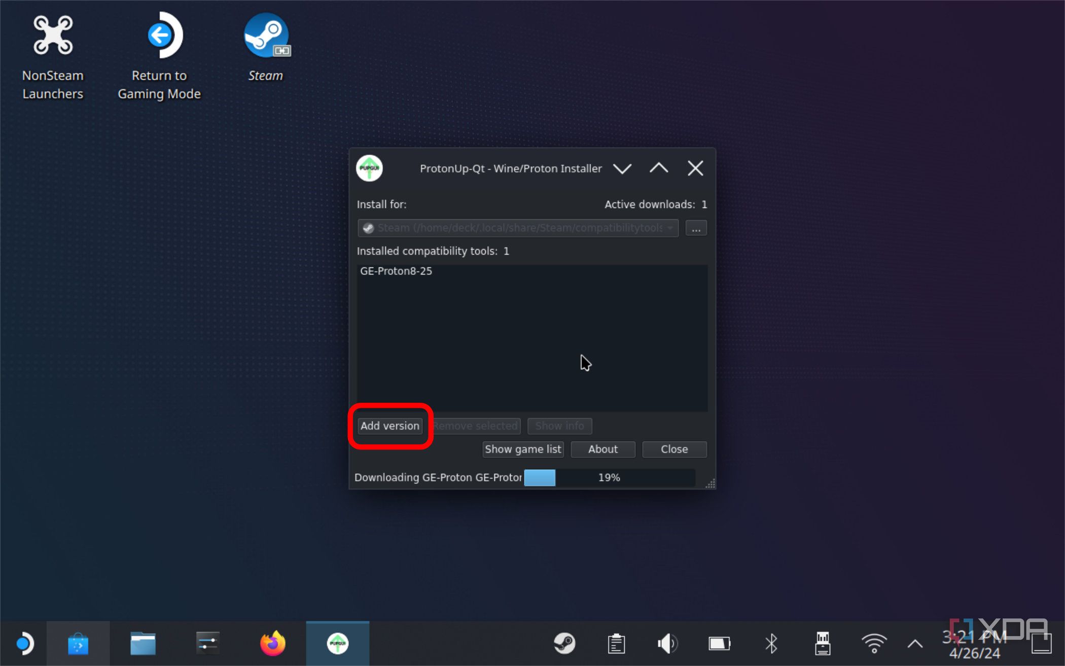 screenshot of the steam deck in desktop mode showing the protonup-qt program