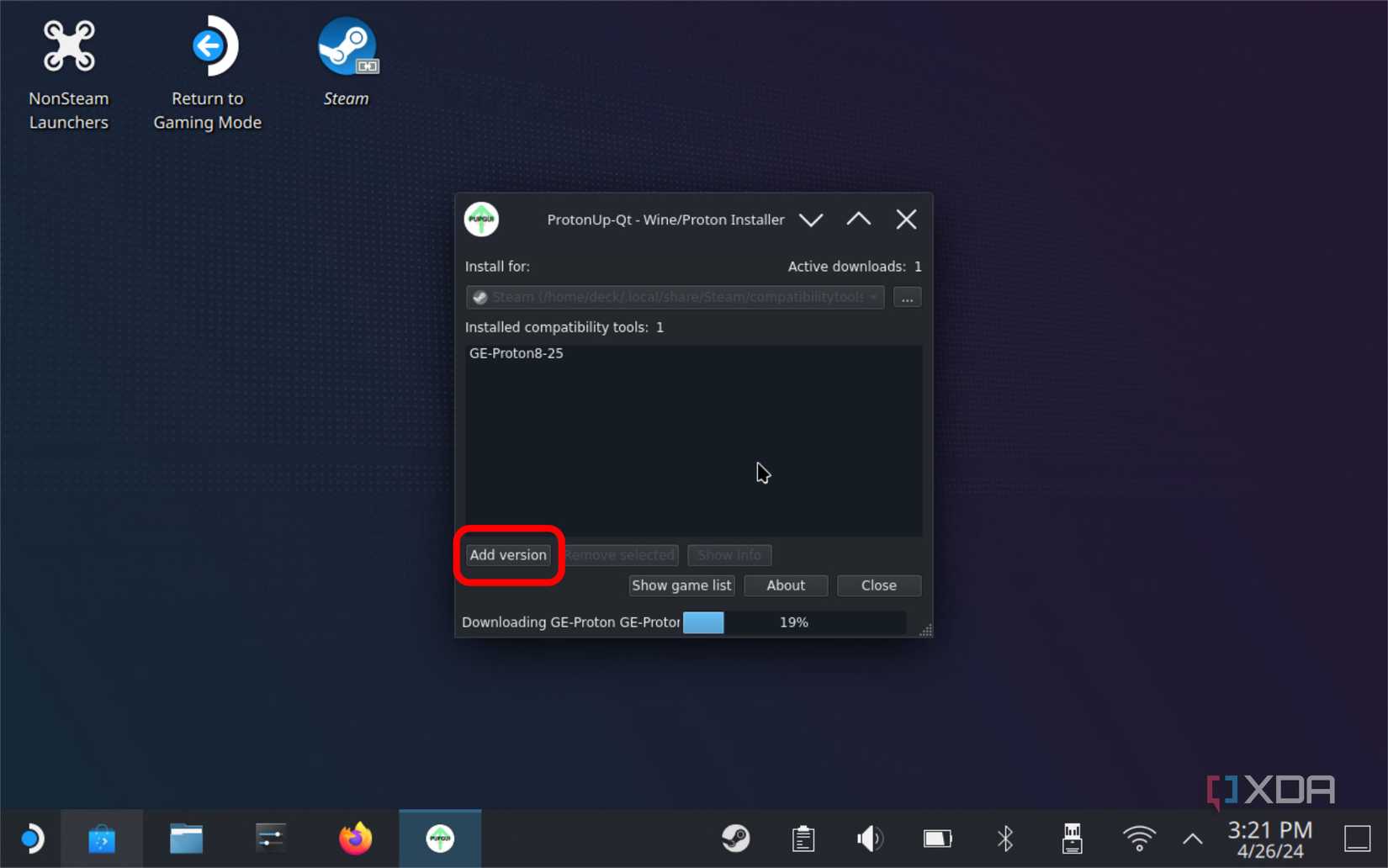 screenshot of the steam deck in desktop mode showing the protonup-qt program