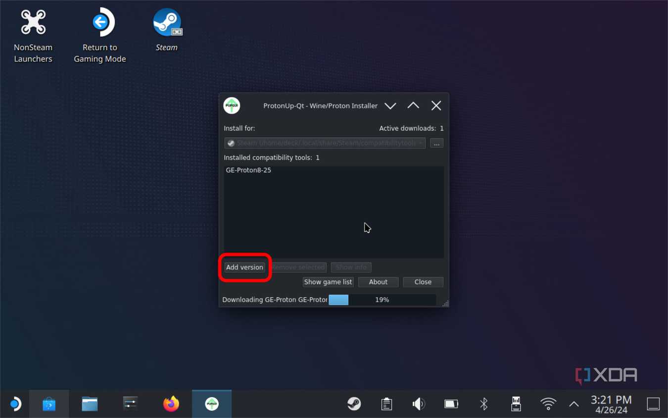 screenshot of the steam deck in desktop mode showing the protonup-qt program