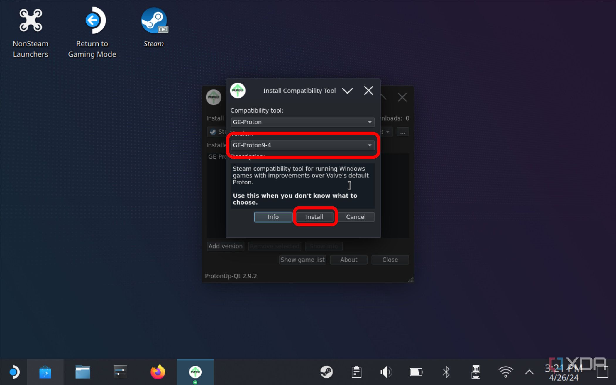 screenshot of the steam deck showing the protonup-qt program installing the latest proton ge version