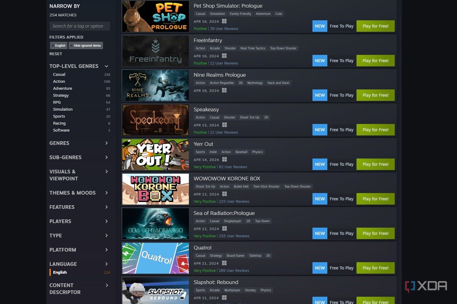 Screenshot of free games on Steam