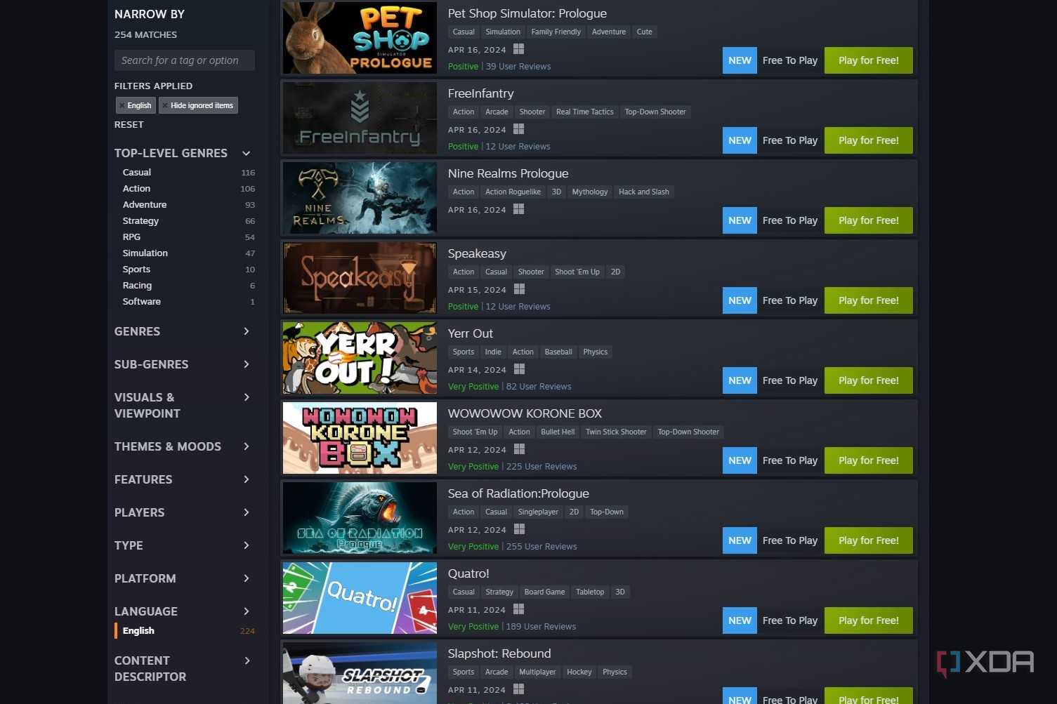Screenshot of free games on Steam