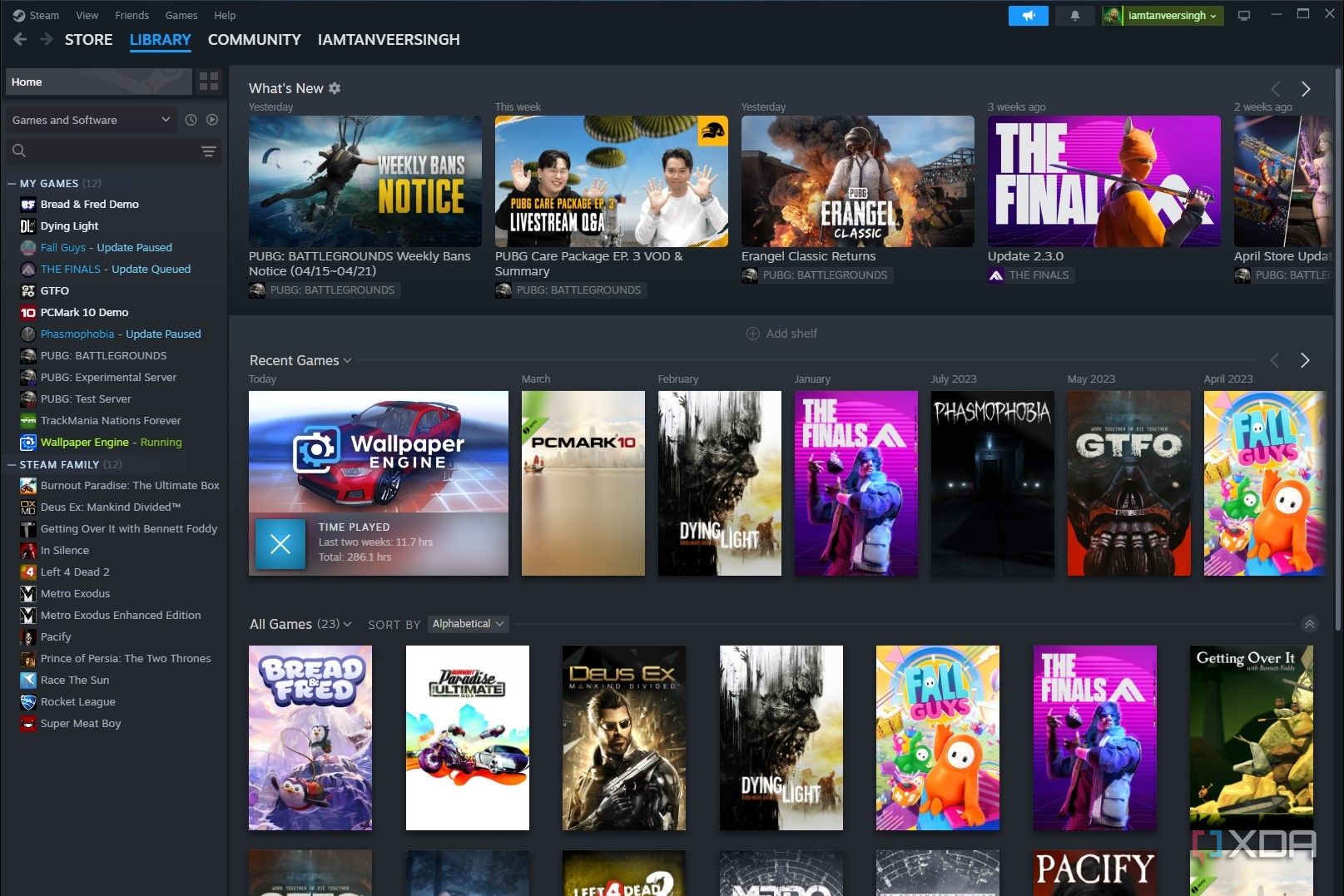 Screeshot of Steam library showing games and software
