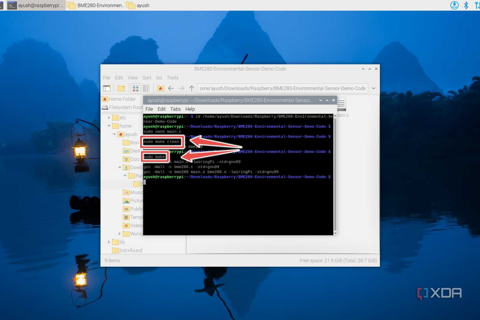 The sudo make and sudo make clean commands highlighted in the terminal