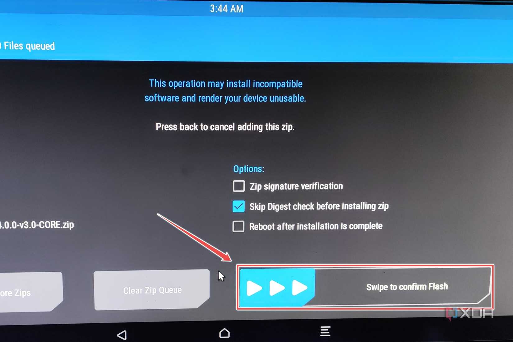 The Swipe the confirm Flash option highlighted