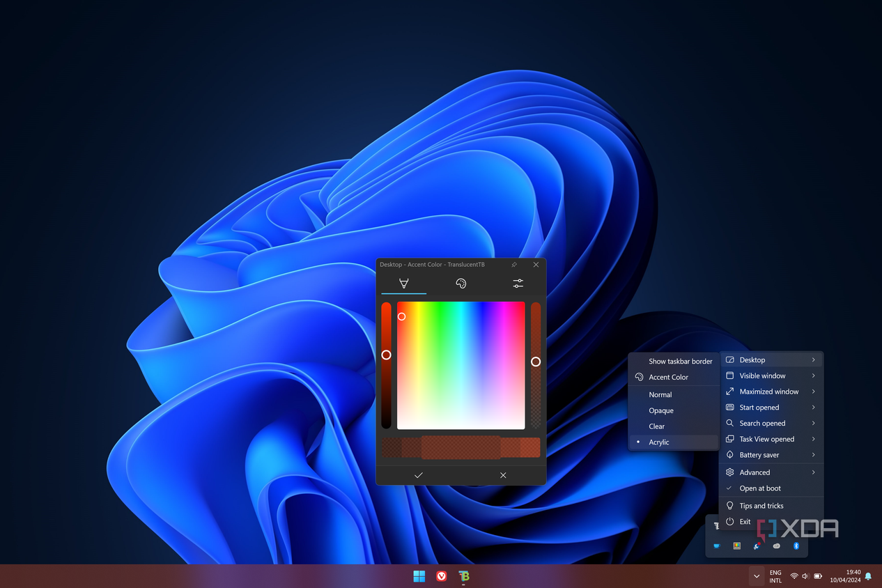 Screenshot of Windows 11 with a semi-transparent red taskbar and a TranslucentTB color picker and menu