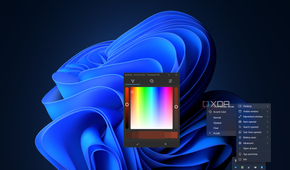 Screenshot of Windows 11 with a semi-transparent red taskbar and a TranslucentTB color picker and menu