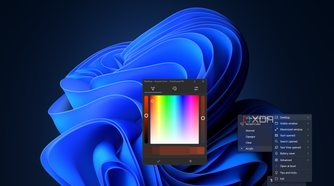 Screenshot of Windows 11 with a semi-transparent red taskbar and a TranslucentTB color picker and menu