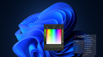 Screenshot of Windows 11 with a lightly-colored transparent taskbar and a TranslucentTB color picker and menu