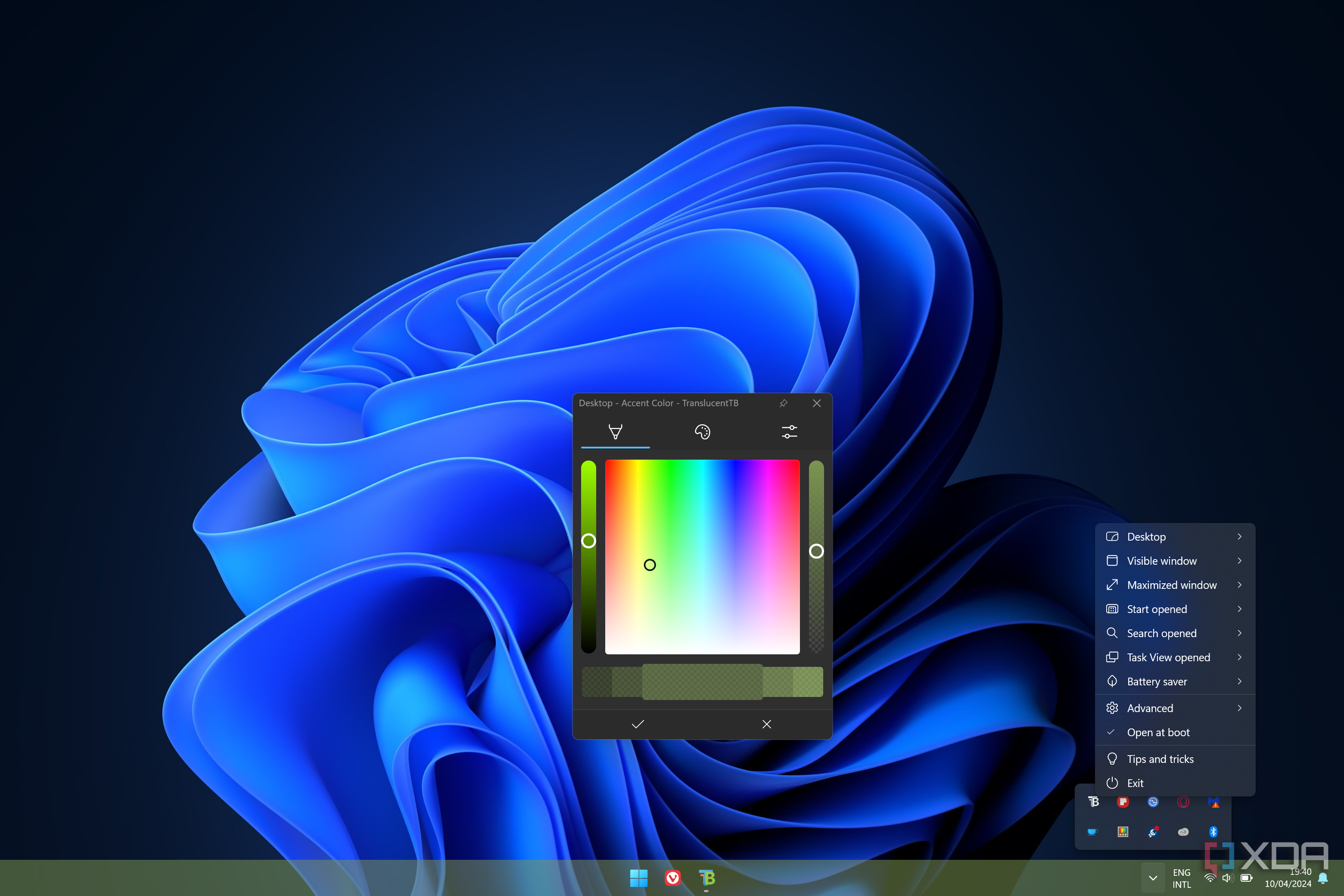 Screenshot of Windows 11 with a semi-transparent green taskbar and a TranslucentTB color picker and menu