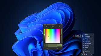 Screenshot of Windows 11 with a semi-transparent green taskbar and a TranslucentTB color picker and menu