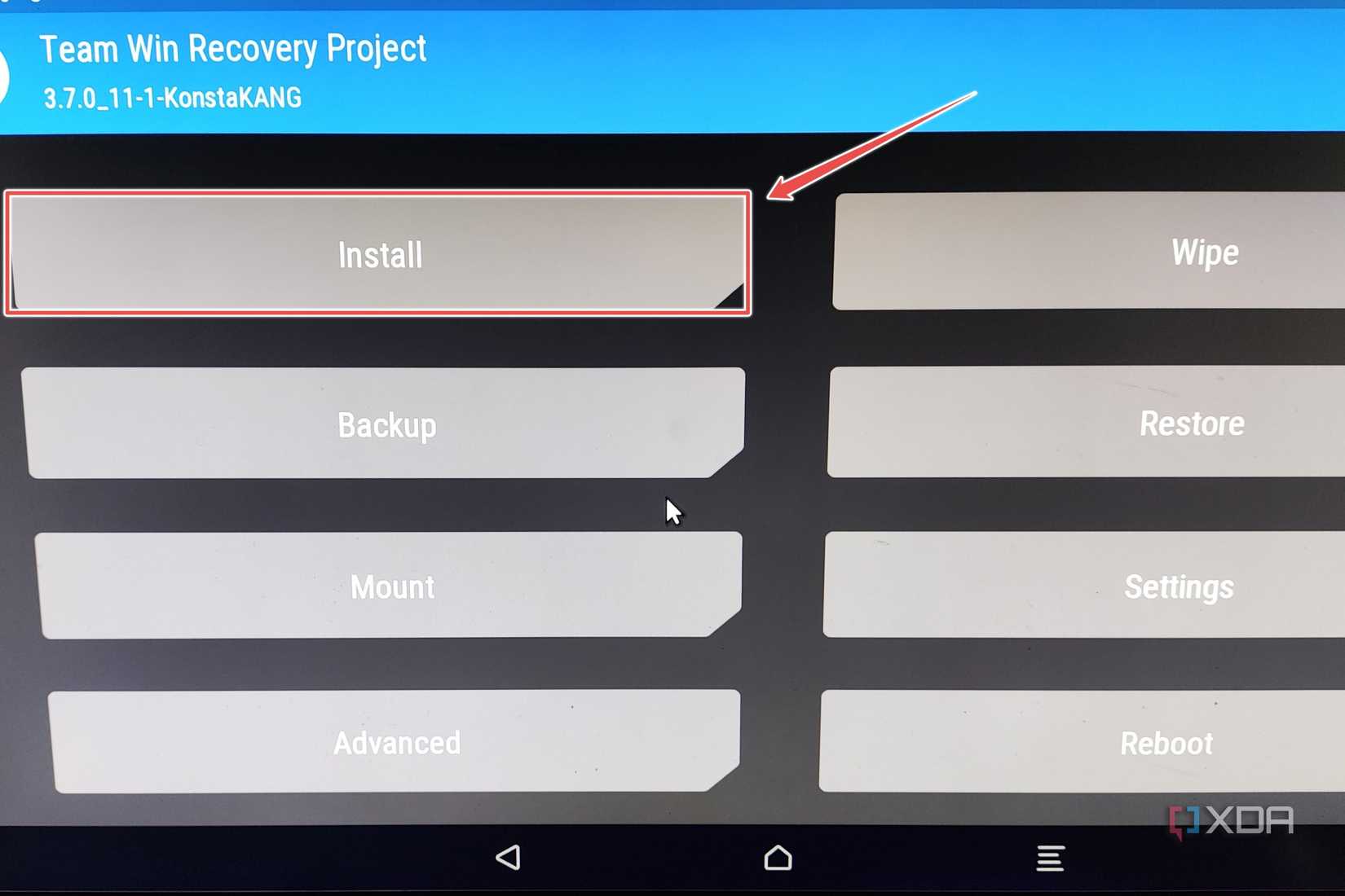 The Install tab highlighted inside TWRP