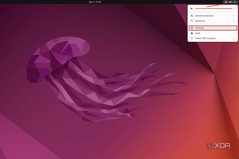 Ubuntu screenshot that highlights the Settings options from the system tray. 