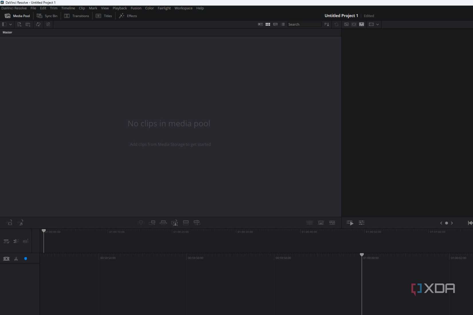 Image of a new project in davinci resolve