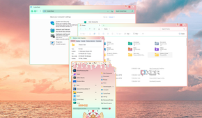Screenshot of a Windows 11 desktop with a Start menu and various windows themed by WindowBlinds