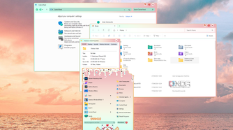 Screenshot of a Windows 11 desktop with a Start menu and various windows themed by WindowBlinds