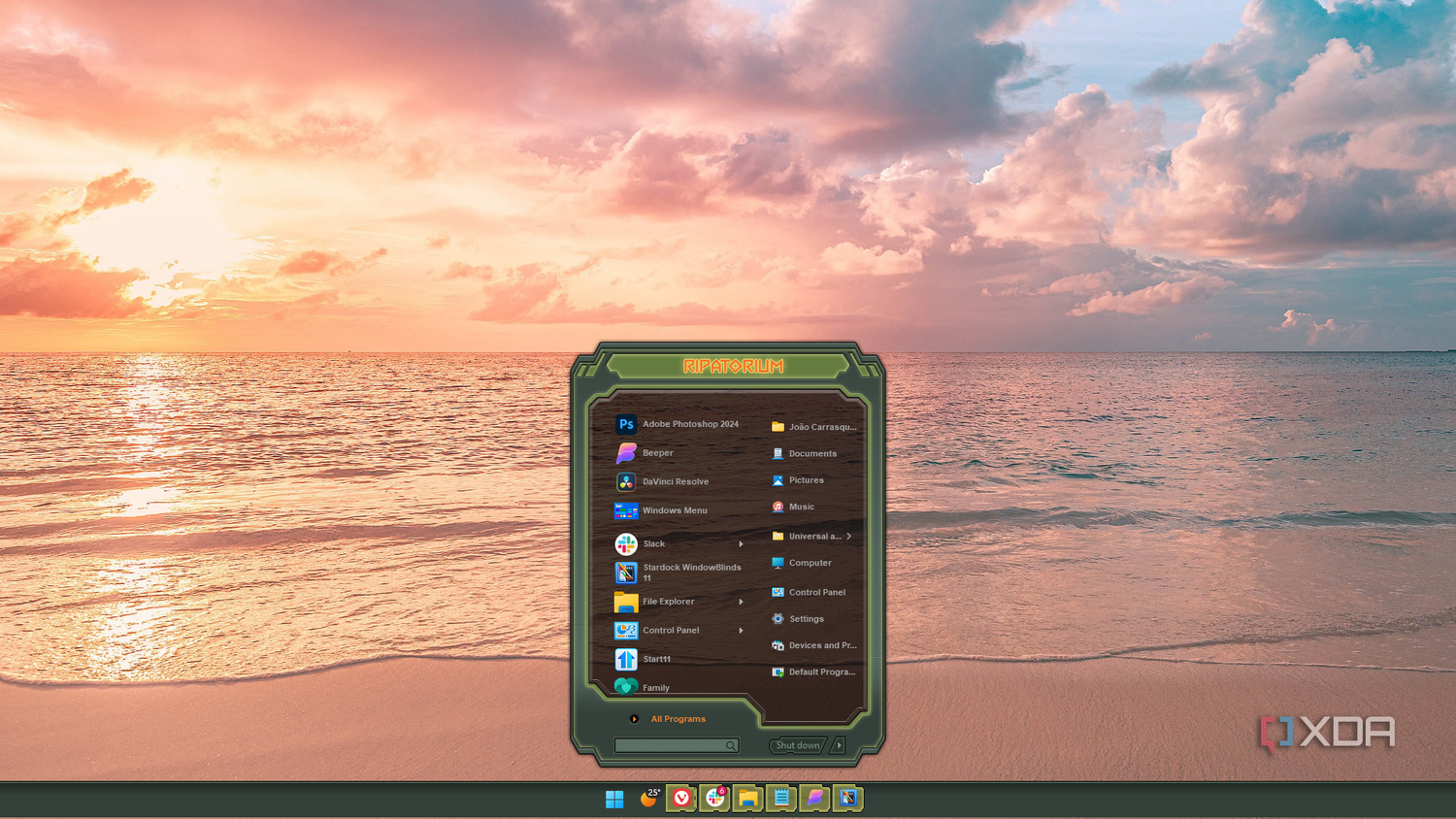 A Start11 Start menu customized by WindowBlinds with a custom theme inspired by Doom Eternal