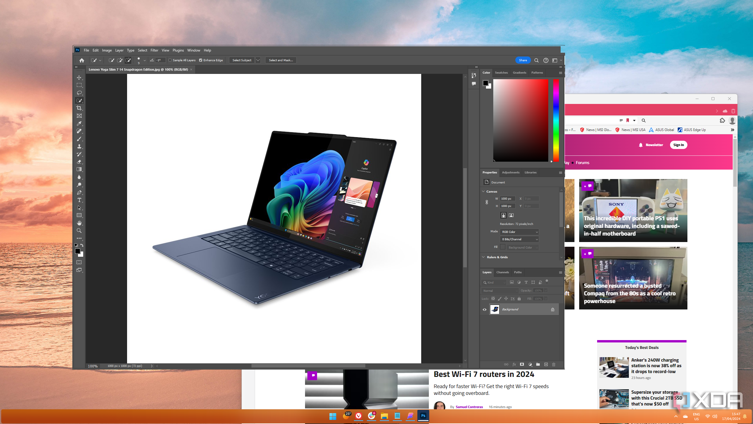 Screenshot of a two apps open that don't support a WindowBlinds theme. One of the apps is Photoshop, and the close button is invisible.