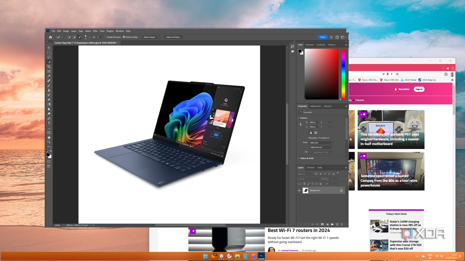 Screenshot of a two apps open that don't support a WindowBlinds theme. One of the apps is Photoshop, and the close button is invisible.