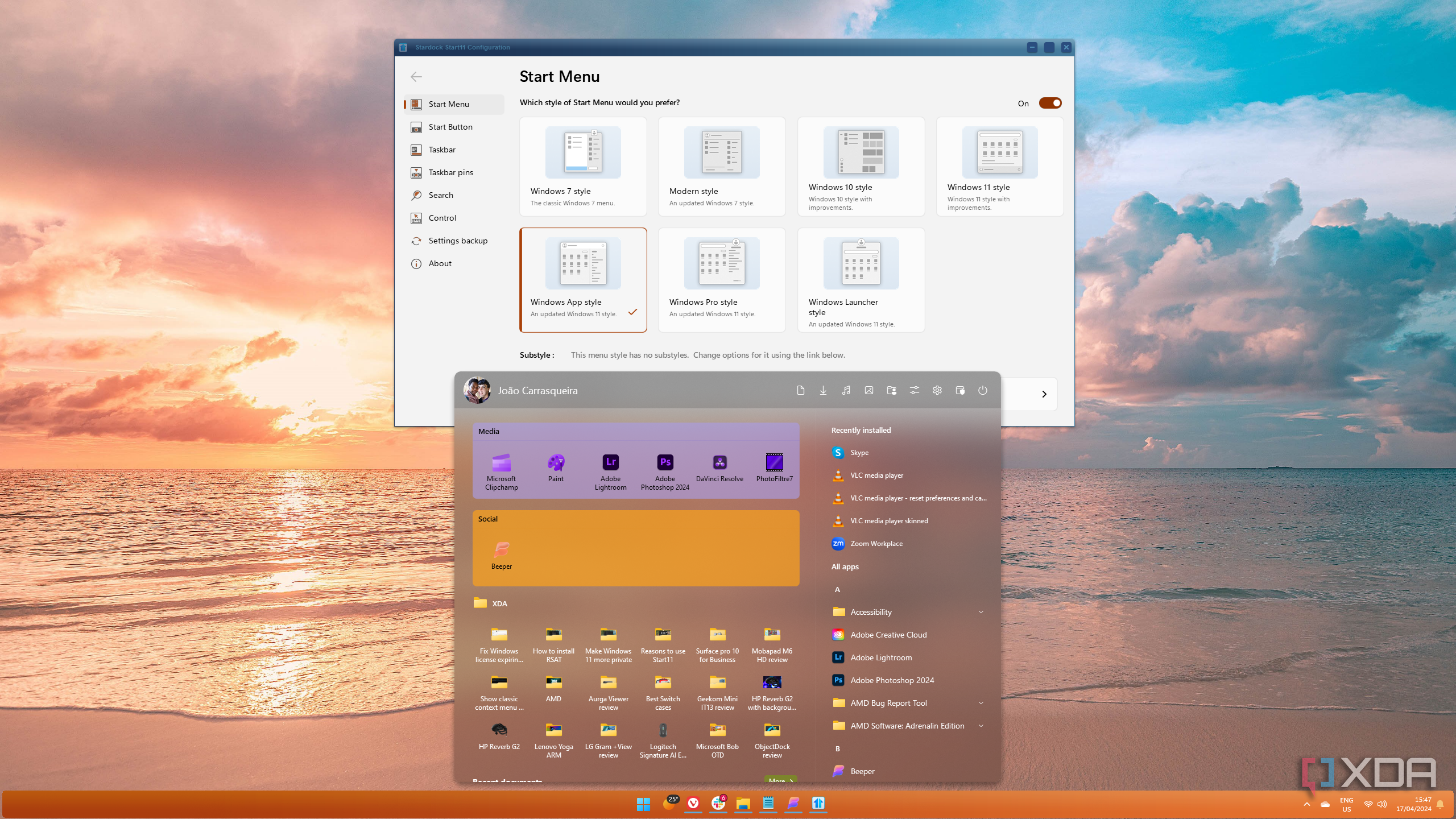 Screenshot of a Windows 11 desktop with a Start11 Start menu and WindowBlinds theme enabled