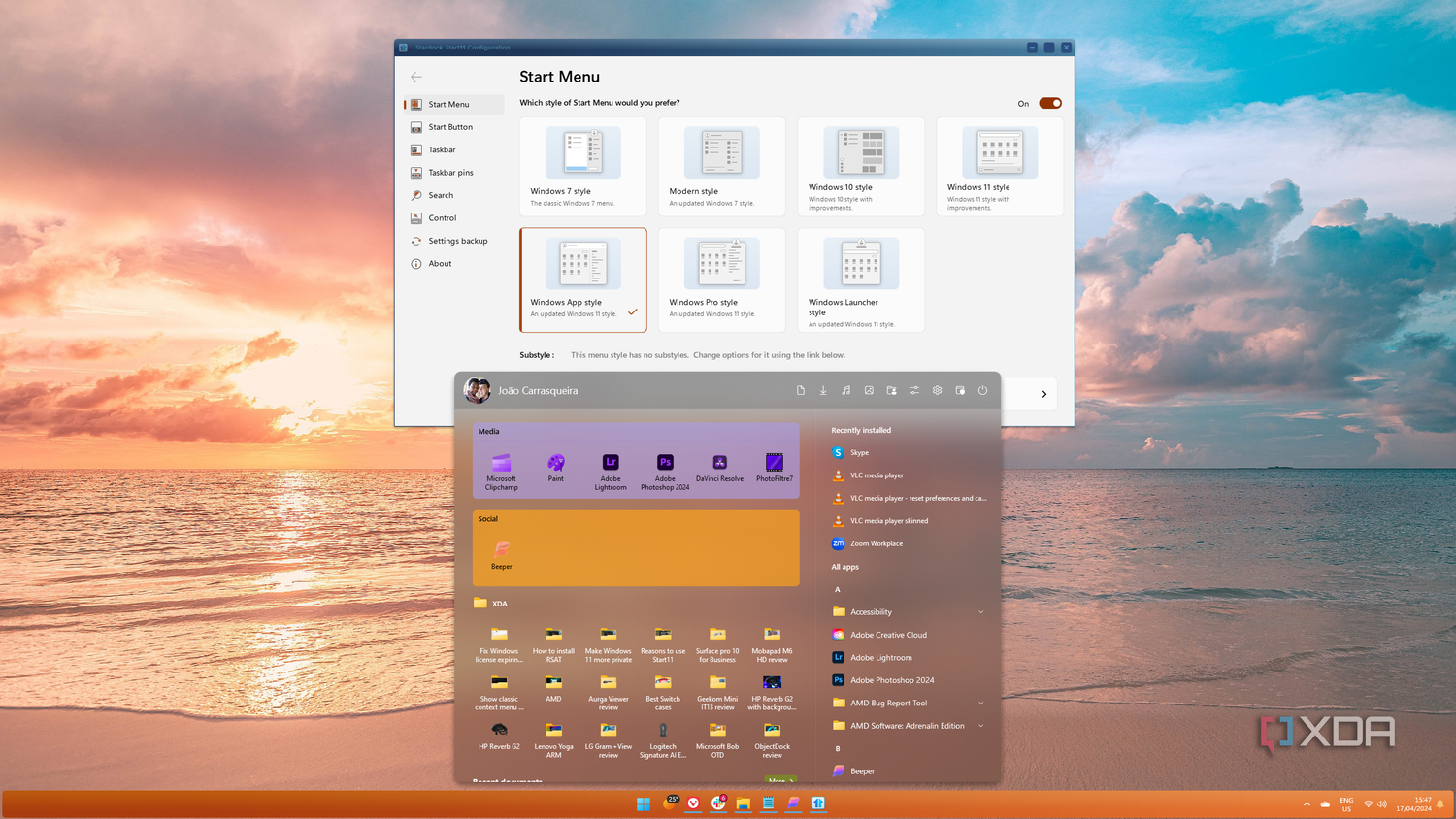 Screenshot of a Windows 11 desktop with a Start11 Start menu and WindowBlinds theme enabled
