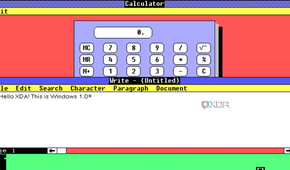 Screenshot of Windows 1.0 running Calculator and Write
