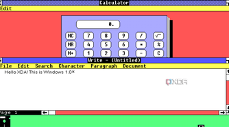 Screenshot of Windows 1.0 running Calculator and Write