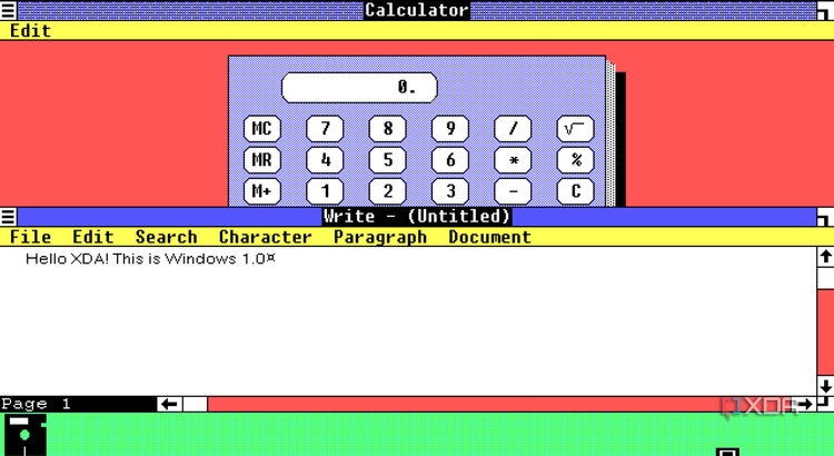 Screenshot of Windows 1.0 running Calculator and Write