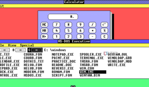 Screenshot of Windows 1.0 running Calculator and MS-DOS Executive