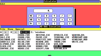 Screenshot of Windows 1.0 running Calculator and MS-DOS Executive