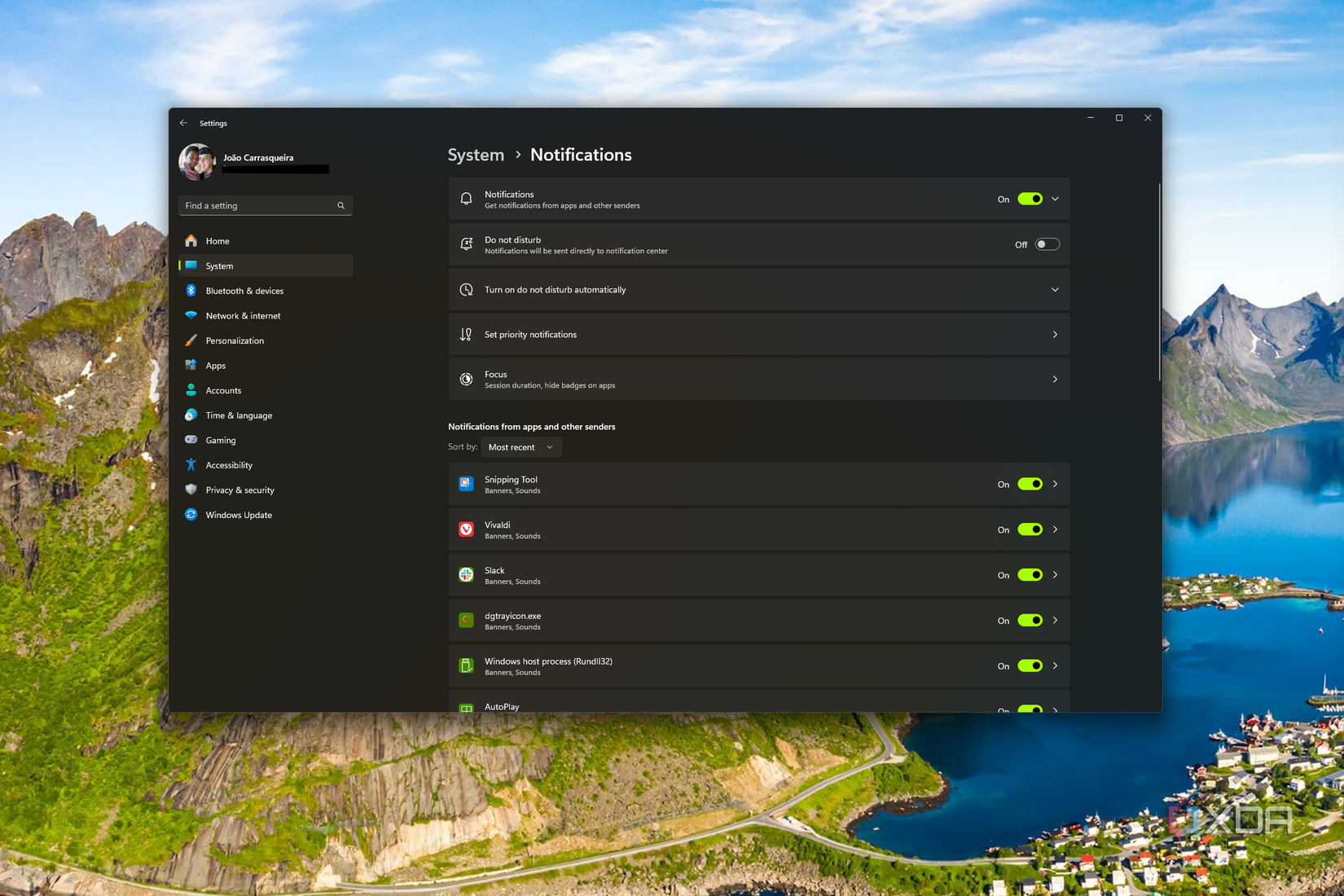Screenshot of do not disturb settings on Windows 11