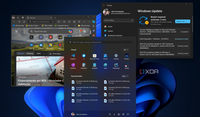 Screenshot of a Windows 11 desktop with the Start menu, Microsoft Edge, and Windows Update open