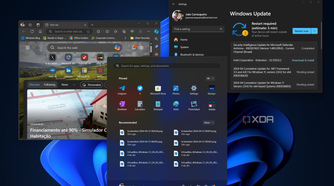 Screenshot of a Windows 11 desktop with the Start menu, Microsoft Edge, and Windows Update open