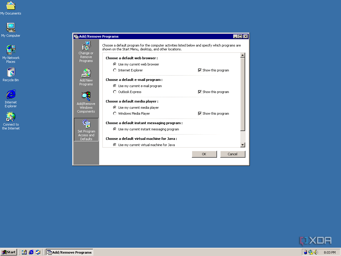 Screenshot of default programs settings in Windows 2000