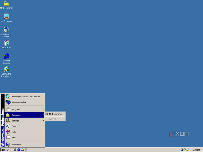 Screenshot of the Start menu in Windows 2000