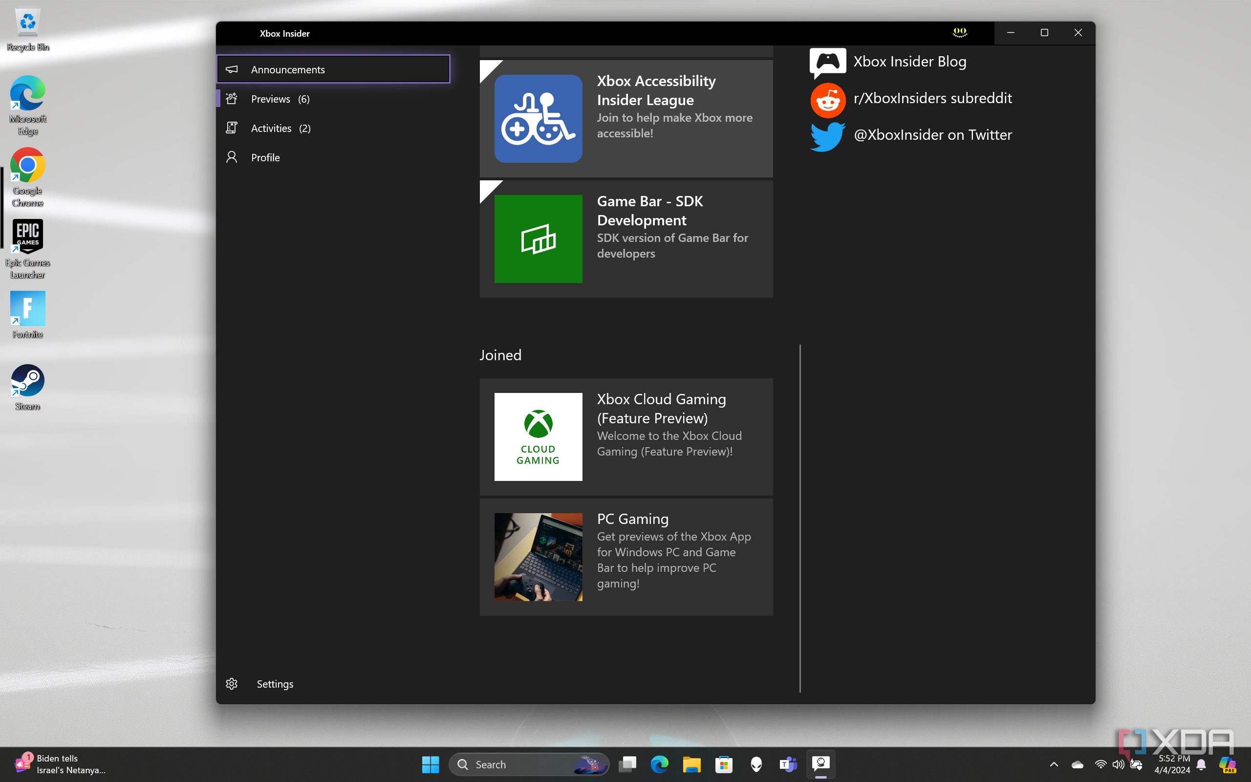 The Xbox Insider Hub app on Windows 11 showing preview options.