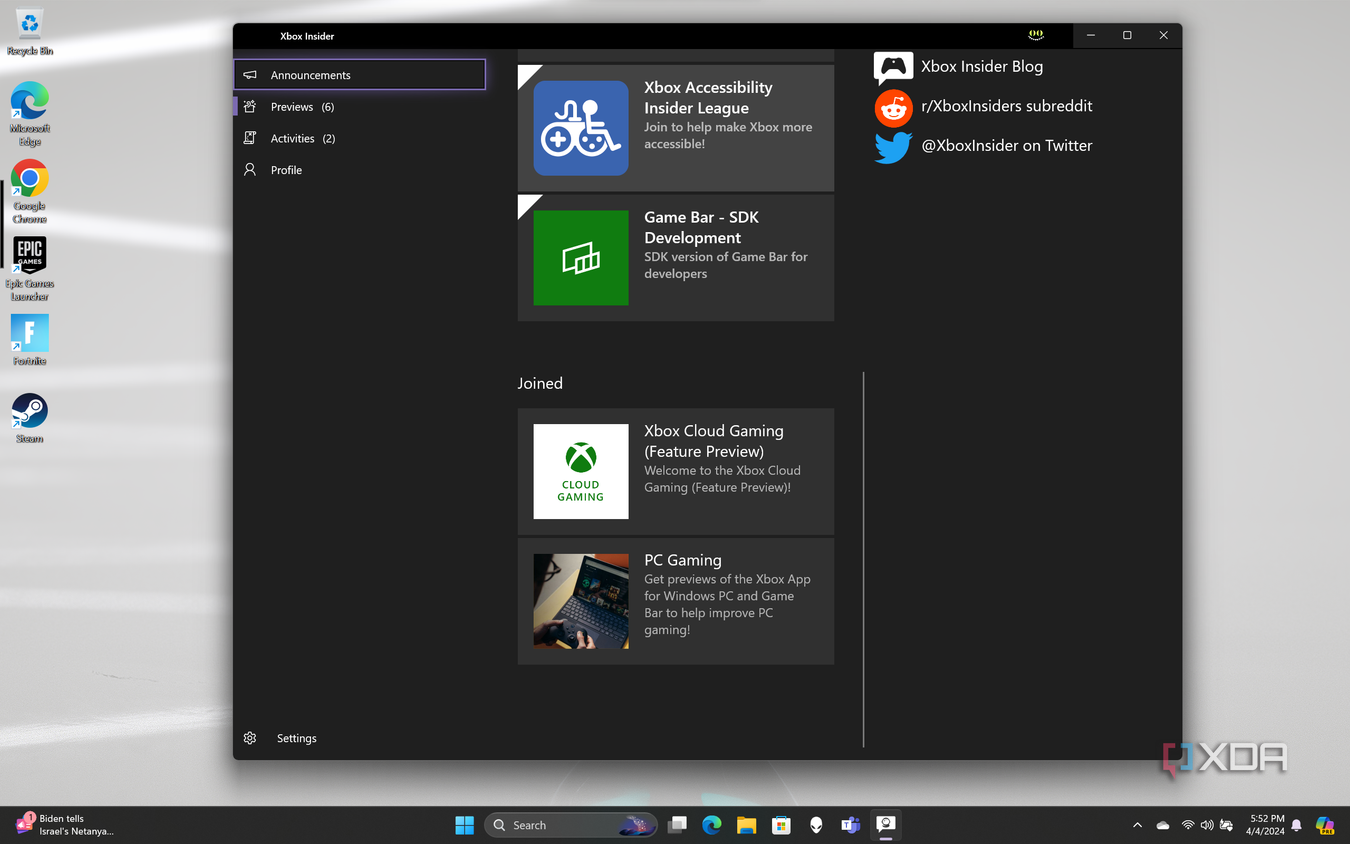 The Xbox Insider Hub app on Windows 11 showing preview options.