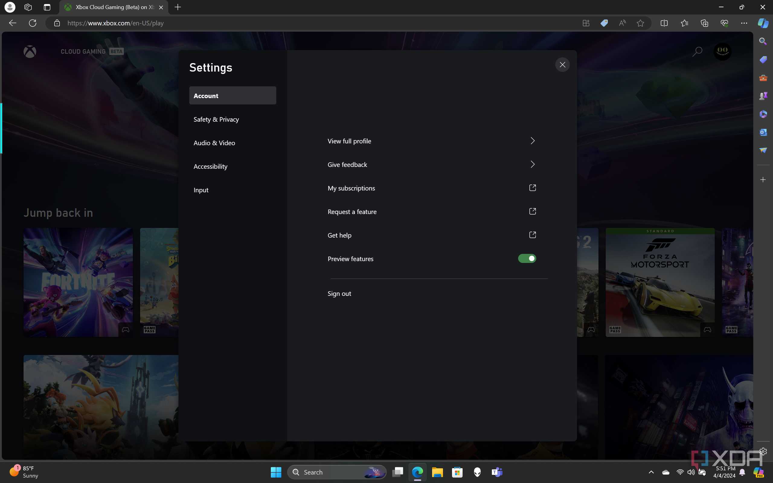 Web settings for Xbox Cloud Gaming.