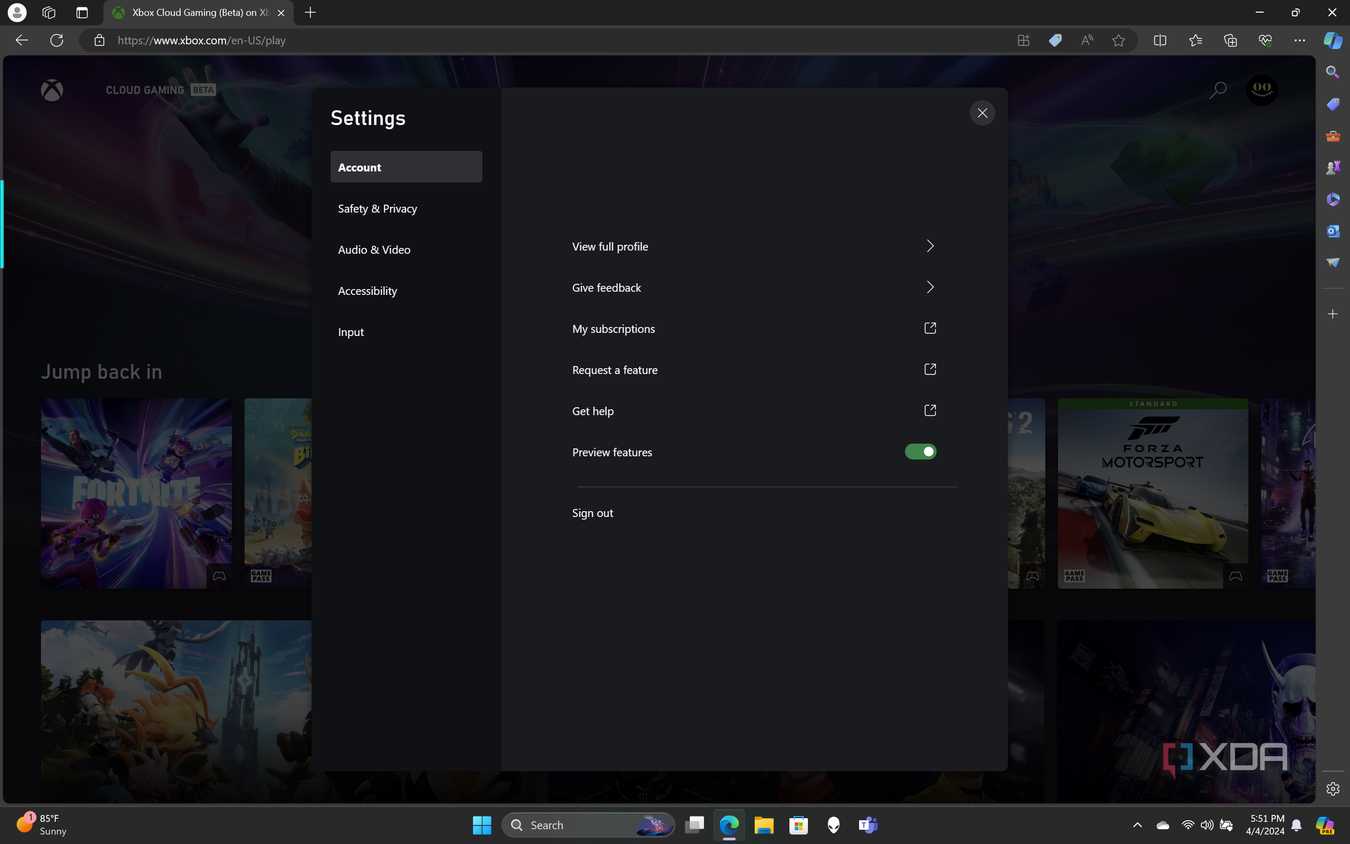 Web settings for Xbox Cloud Gaming.