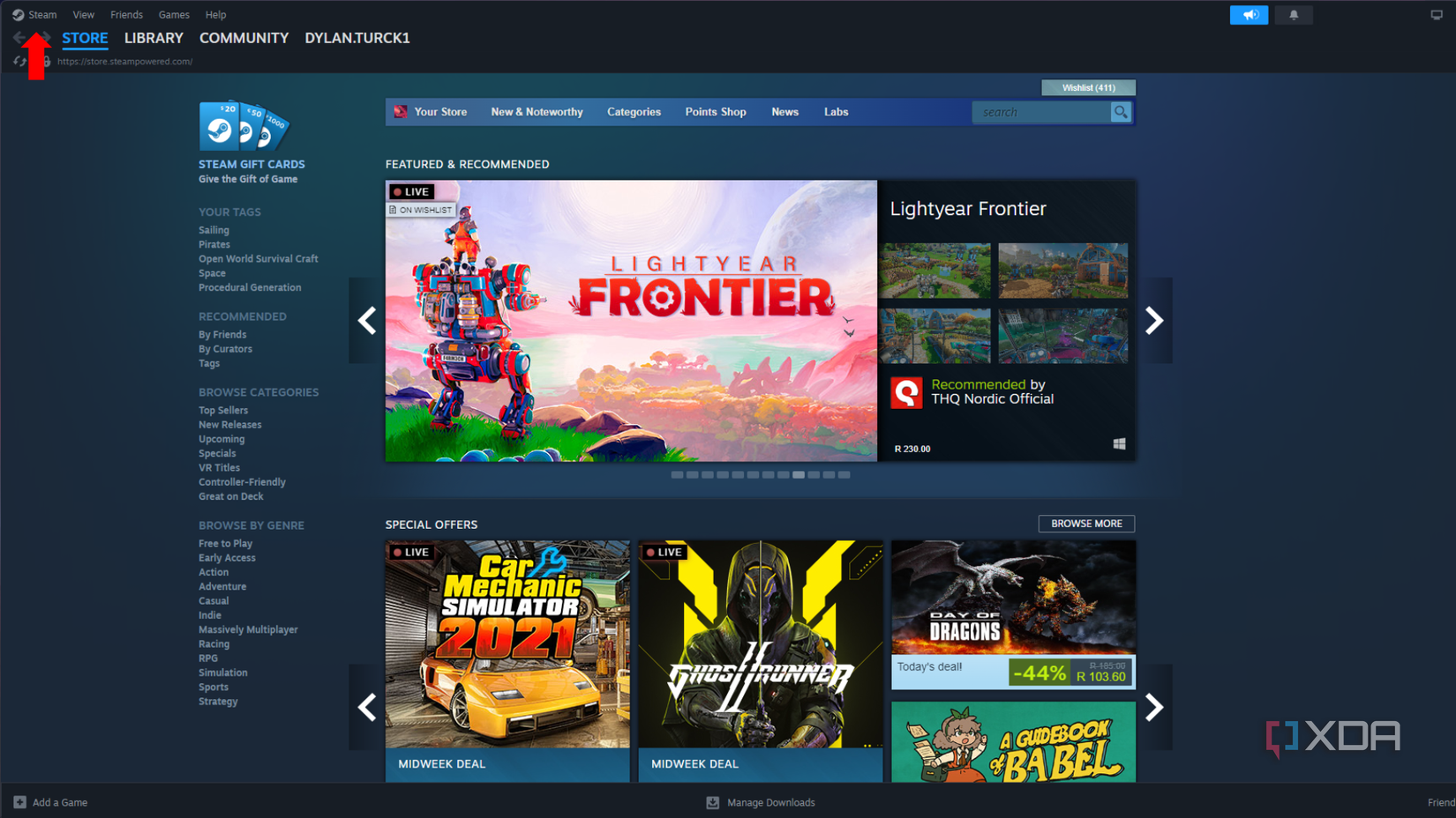 The main store page of the Steam application