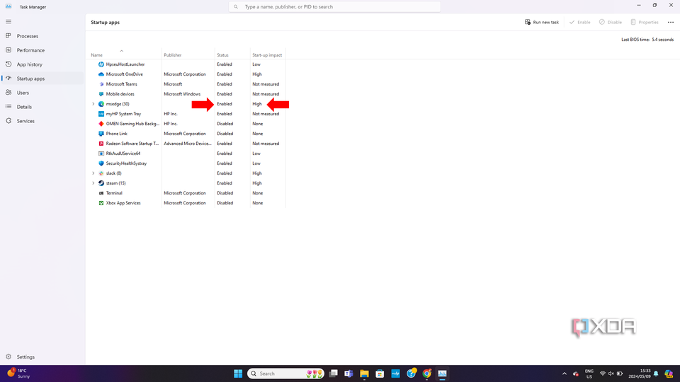 The Windows settings menu with arrows pointing to a start-up apps resource usage and enabled/disabled toggle
