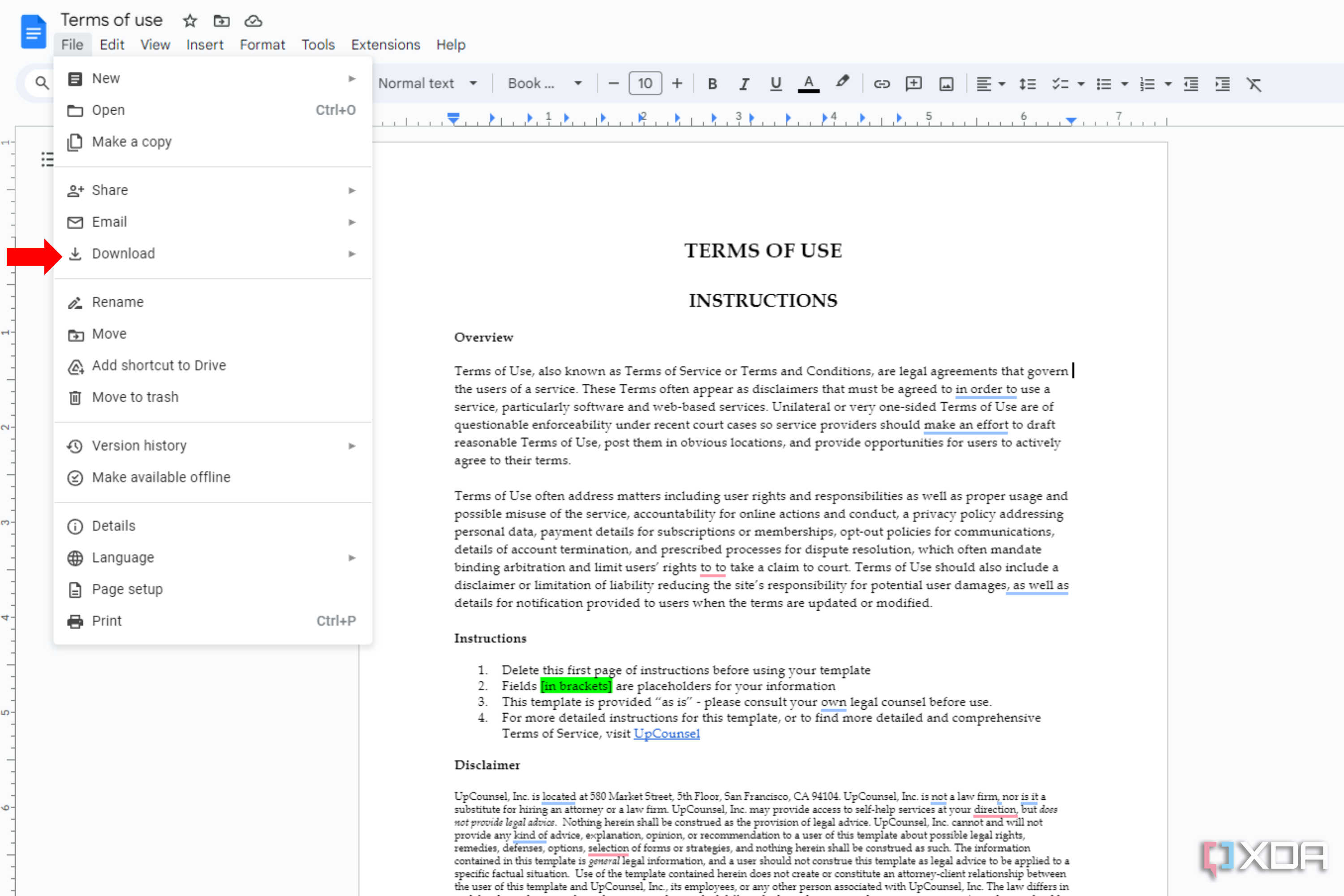 The Download options in the Google Docs File menu