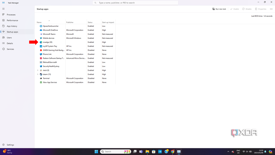 An arrow pointing to the Microsoft edge start-up process in task manger